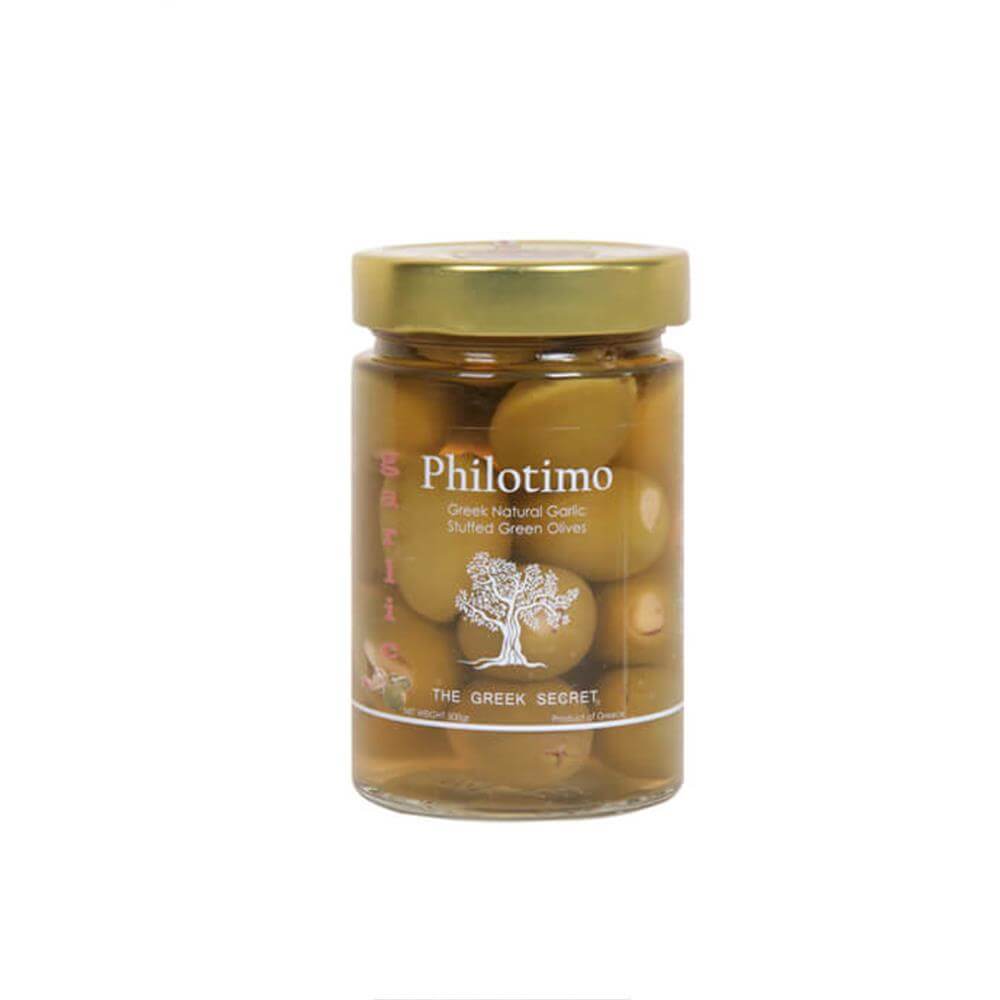 The Greek Secret Philotimo Garlic Stuffed Green Chalkidiki Olives 300g